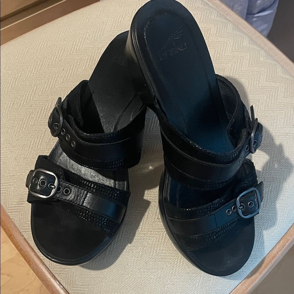 Dansko Black Leather Sandals with Buckle Detail